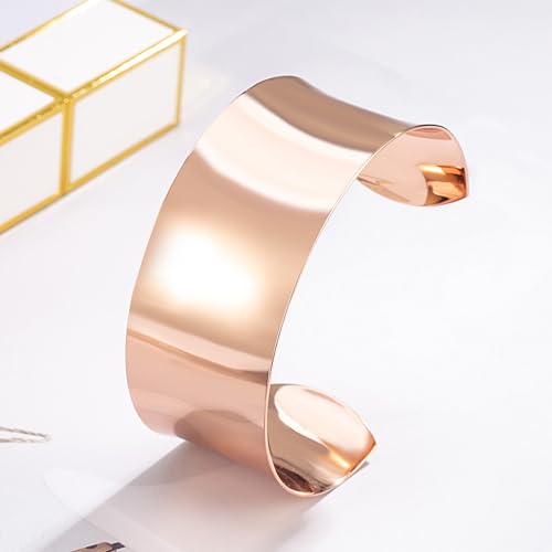 Dankadi Women 925 Sterling Silver Curved Bangle 30MM Wide Grooved Cuff Bangle Shiny Punk Open Bracelet Adjustable Plated 24k Gold/Rose Gold Jewelry Gift - color: Rose Gold