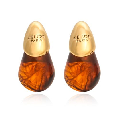18k Gold Plated Teardrop Earrings, sterling silver post chunky resin and copper drop stud earrings, Hypoallergenic Earrings Jewelry Gift - color: Tan