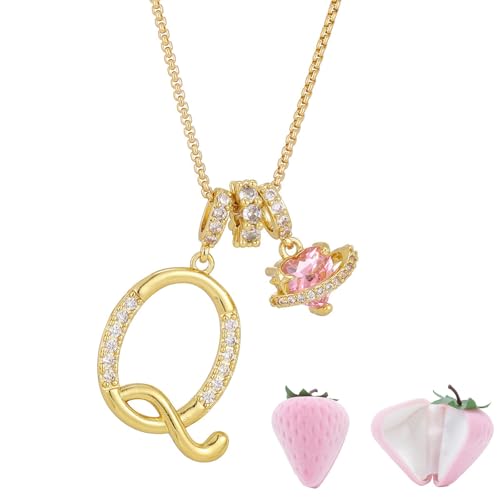 Initial Letter Necklace with Pink Heart Charm, Sparkling Zircon Alphabet Pendant in Gold or Silver Tone, Sweet Style Jewelry with Gift Box, Letter Chain for Daily Wear and Gift - color: Gold+Pink Box, size: #Q