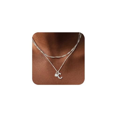 Sterling Silver Initial Necklaces for Women Girls Dainty Letter Necklace Stack Non Tarnish Silver Layered Necklaces Simple Chain CZ Diamond Pendant Necklaces Stacked A-Z Name Personalized Trendy Jewelry Gift - style: C
