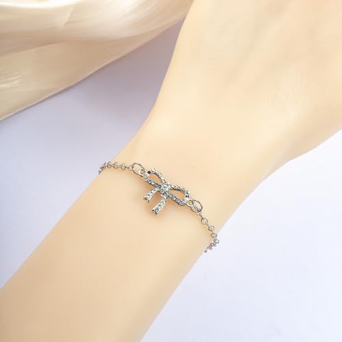 Gold Bow Necklace Bracelet Earrings Set for Women Bowknot Choker Necklace Ribbon Stud Earrings Silver Bow Bracelet Christmas Holiday Jewelry - color: Silver-1