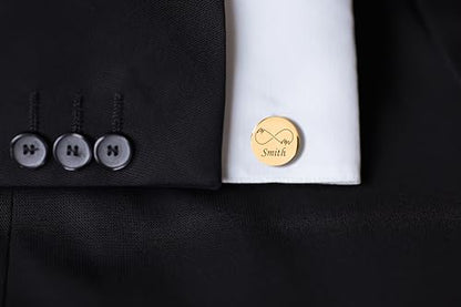 Custom engraved cufflinks for men, personalized wedding gift for groom, father of the bride & groom dad, best men, customized gold & silver cufflinks with dates, quotes or couples initials from bride - style: Infinity symbol & Last Name