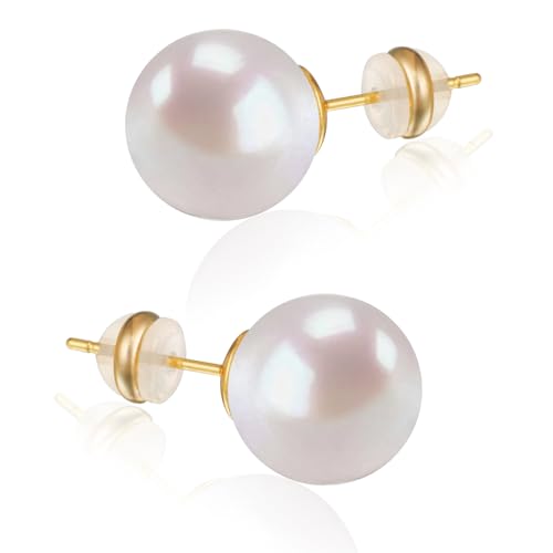 Shell Pearl Stud Earrings for Women, 925 Sterling Silver Posts | 18K Gold Plated, Round White Simulated Pearl Earrings for Sensitive Ears, Hypoallergenic Minimalist Jewelry - size: 6mm
