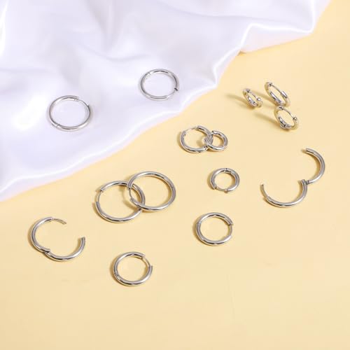 Mabor 7 Pairs Stainless Steel Hoop Earrings for Women Men | Silver Small Stainless Steel Huggie Hoop Earrings Piercings Cartilage 8, 10, 12 ,14, 16, 18, 20 mm