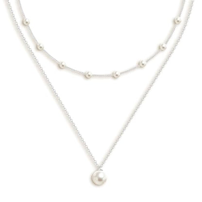 OGD Gold Pearl Necklace Set for Women 14K Plated Layered Daisy Choker Gift - color: Silver Pearl Necklace-2PCS