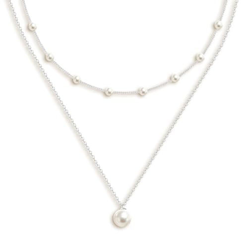 OGD Gold Pearl Necklace Set for Women 14K Plated Layered Daisy Choker Gift - color: Silver Pearl Necklace-2PCS