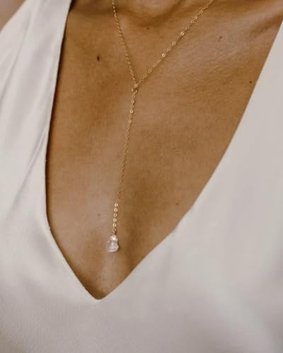 Lariat Necklace for Women Dainty Gold Long Crystal Drop Y-Shaped Necklace | 14k Gold Plated Crystal Drop Necklace Trendy Non Tarnish Simple Gold Jewelry For Wedding, Prom, Daily - color: Clear Quartz