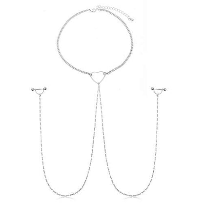 Nipple Ring with Choker Necklaces Stainless Steel Nipple Rings Chain Heart Cat Head Punk Chokers for Women Nipple Barbell Piercing Jewelry - color: Silver-Heart Style