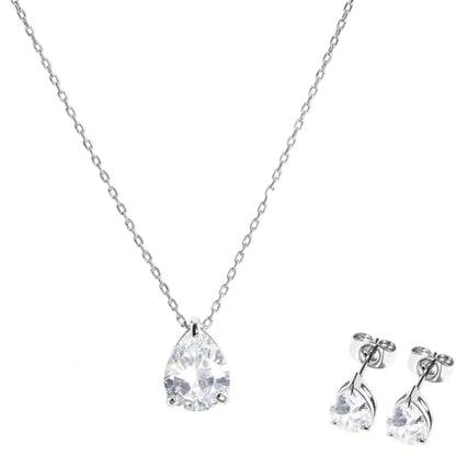 5A Cubic Zirconia Hypoallergenic Necklace and Earrings Set for Women, Dainty Stainless Steel Teardrop Solitaire Jewelry Sets Gift for Her - color: Silver