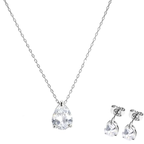 5A Cubic Zirconia Hypoallergenic Necklace and Earrings Set for Women, Dainty Stainless Steel Teardrop Solitaire Jewelry Sets Gift for Her - color: Silver