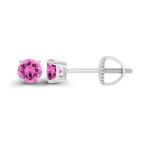 14K Gold Plated 925 Sterling Silver Hypoallergenic 4mm Round Genuine Birthstone Solitaire Screwback Stud Earrings - color: Pink Sapphire Created