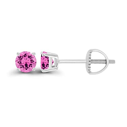 14K Gold Plated 925 Sterling Silver Hypoallergenic 4mm Round Genuine Birthstone Solitaire Screwback Stud Earrings - color: Pink Sapphire Created