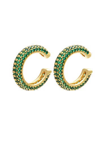 Ear Cuffs for Women - CZ Paved Hoop Conch Cuff Earrings for Men - Sparkle Rhinestones Clip On Wrap Earrings Non Pierced - color: Gold - Green