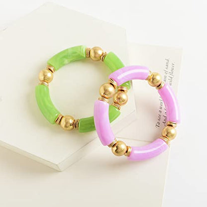 LALAPPLE Gold Plated Beaded Acrylic Bamboo Tube Bangle Bracelets for Women, Colorful Chunky Curved Tube With Gold Plated Pieces Beads Stretch Bracelet Friendship Summer Beach Jewelry - color: T-Light Green&Light Purple 2pcs