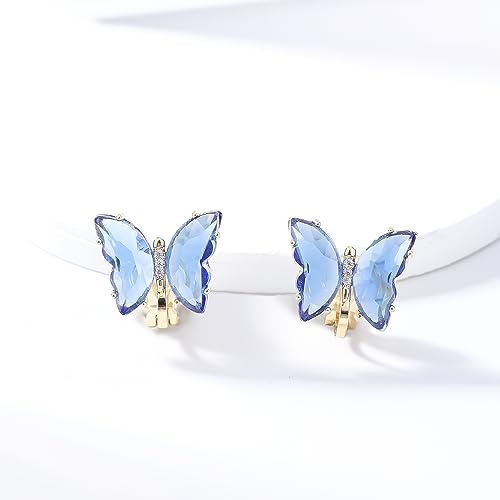 YOQUCOL Butterfly Shape Crystal Clip On Earrings Non Pierced Golden Stud for Women - color: Blue