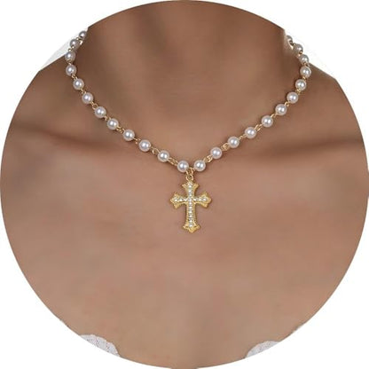 Pearl Necklace 14K Gold Plated Cross Pendant Inlaid with Diamonds Charm Jewelry Gift - style: 14K Gold Pearl+Cross
