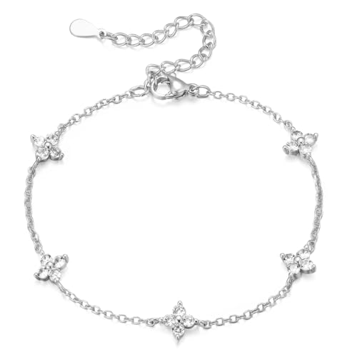 Emibele Gold Bracelets for Women, 18K Gold Plated Hand Chain, Cubic Zirconia Stainless Steel Non Tarnish Hand Chain Bracelet with Finger Ring, Adjustable Trendy Jewelry Valentines Day Gifts for Women - style: Four Leaf A