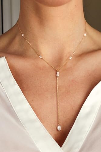 Lariat Gold Necklace for Women, Dainty Long Necklace 14k Gold Plated/Silver Y-Shaped Pendant Necklace Trendy Layered Cz Beaded Chain Drop Necklaces Simple Gold Jewelry for Women Gift - style: LC-1NK-22084-GDW