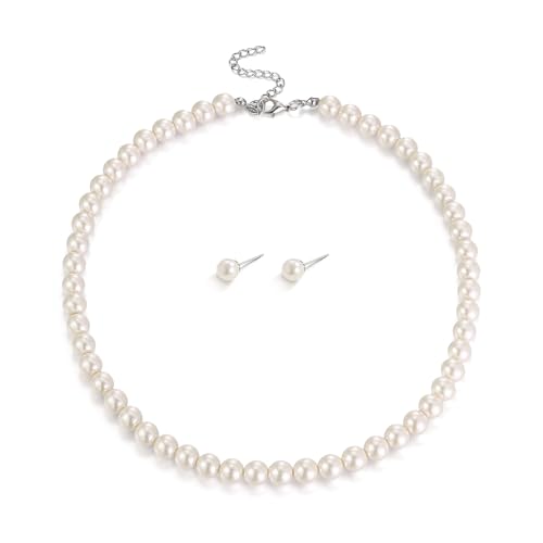 EVER FAITH Dainty Round Imitation Pearl Strand Necklace Stud Earrings Delicate Wedding Costume Prom Faux Pearls Jewelry for Women Bride - color: Cream Pearl, size: 8mm