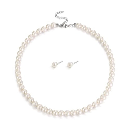 EVER FAITH Dainty Round Imitation Pearl Strand Necklace Stud Earrings Delicate Wedding Costume Prom Faux Pearls Jewelry for Women Bride - color: Cream Pearl, size: 8mm