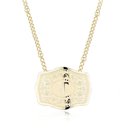 14K Gold-Plated Initial Necklace for Women, Western Belt Buckle Letter Pendant, Alphabet Necklace Includes 2 Chains, Cowgirl Jewelry Gift - color: T