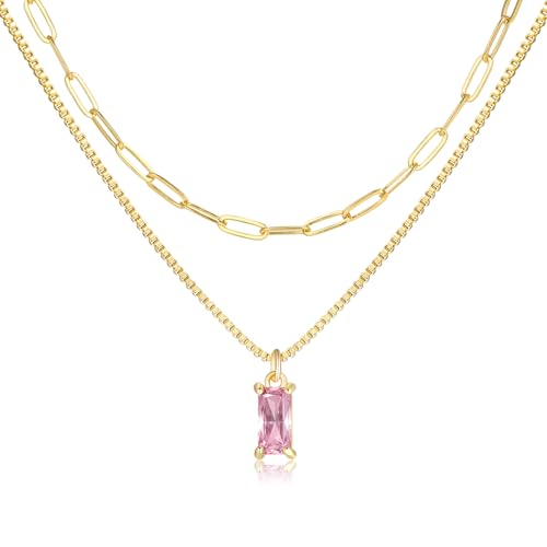 Dainty Gold Charm Necklaces for Women Non Tarnish, 14K Trendy Blue Green Cubic Zirconia Emerald Pendant Birthstone Necklaces Birthday Gifts for Women Waterproof Jewelry - color: 10-October(Tourmaline)