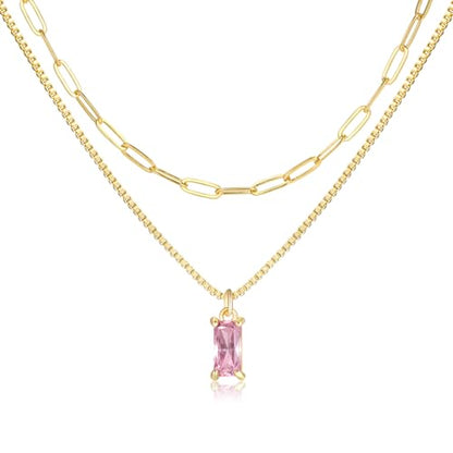 Dainty Gold Charm Necklaces for Women Non Tarnish, 14K Trendy Blue Green Cubic Zirconia Emerald Pendant Birthstone Necklaces Birthday Gifts for Women Waterproof Jewelry - color: 10-October(Tourmaline)