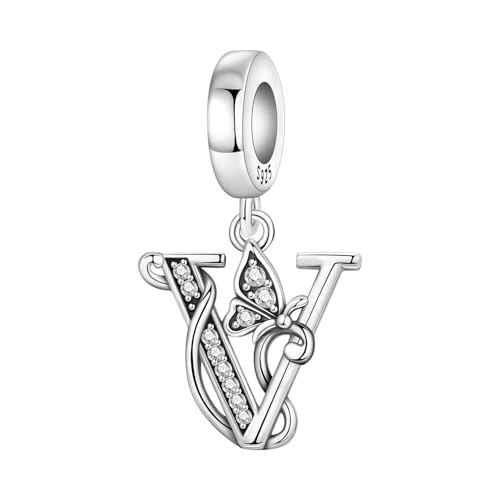 2 Pack 925 Sterling Silver Butterfly Letter Charms for Bracelets and Necklace Alphabet Initial Dangle Pendants Round Spacer Beads Pave Cubic Zirconia Jewelry Gift for Women - color: V Set