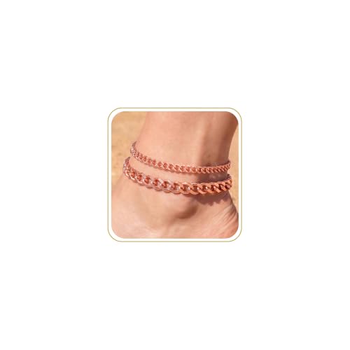 Tewiky Chunky Ankle Bracelets for Women,Dainty Layered Waterproof Anklet for Women Adjustable Cuban Set Stackable Cute Summer Beach Jewelry Gift - color: rose gold