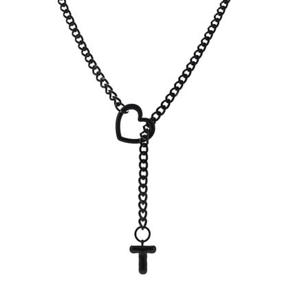 sroyte Black Heart Slip Chain Initial Necklaces for Women,Stainless Steel O-Ring Adjustable Lariat Heart Y-Necklace,Punk Gothic Cuban Collar Choker Necklace for women - color: Black T