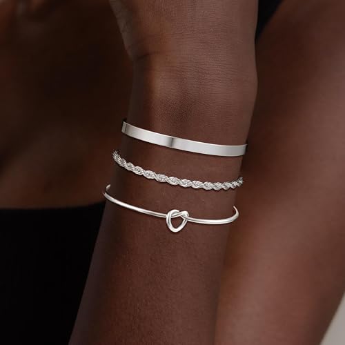 14K Gold Plated Stackable Bangle Bracelets for Women | Dainty Cuff Bracelets, Stackable for Women, Waterproof Bracelet Stack, Gold Jewelry Gifts Trendy Adjustable Accessories - color: 3-layer-B-Silver