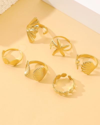 Chunky Gold Shell Starfish Ring Set for Women Trendy Gold Flower Scallop Seashell Starfish Gemstone Rings Adjustable Stacking Statement R-ings Non Tarnish Spring Summer Jewelry Accessories - color: A5:6 pcs