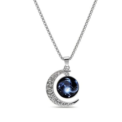 Stainless Steel Mens Necklace 12 Zodiac Moon Galaxy Pendant Necklace,22.8 Inch Stainless Steel Chain, 1.13 Inch Aries/Pisces Celestial Crescent Moon Star Sign Charm Jewelry - style: Capricorn（12.22-1.19）