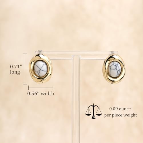 Jean Beau Chunky Gold Stone Stud Earrings for Women, Trendy Natural Gemstone Hypoallergenic Earing Valentine Jewelry Gift - color: White Turquoise