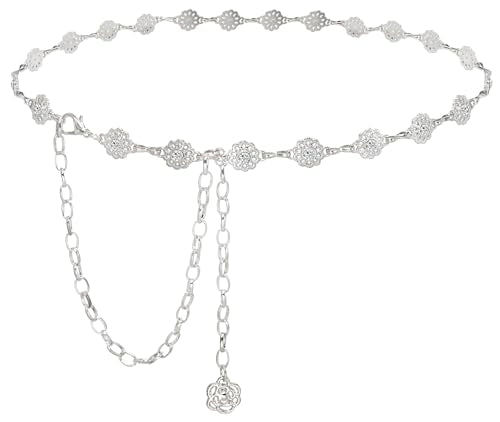 Women's Waist Chain Flower Metal Belt for Dresses Jeans | Adjustable Belly Waist Chain - color: Rhinestone Flower Silver, size: S: 105cm/41in