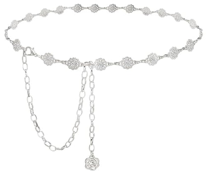 Women's Waist Chain Flower Metal Belt for Dresses Jeans | Adjustable Belly Waist Chain - color: Rhinestone Flower Silver, size: L: 135cm/53in
