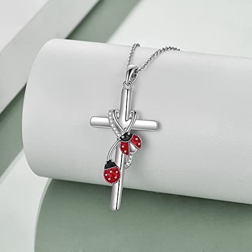 POPLYKE Cross Necklace for Women 925 Sterling Silver Cross Pendant Necklace Animal Jewelry Christmas Gifts for Women Mother Grandma - style: Ladybug