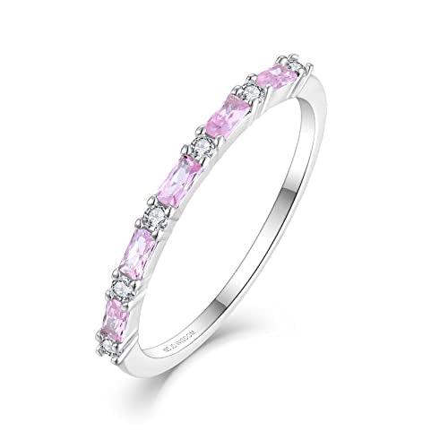 JO WISDOM 925 Sterling Silver Wedding Band for Women Thin Stacking Ring Half Cubic Zirconia Eternity Engagement Ring - color: 10-Oct-Tourmaline