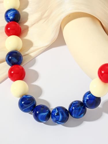 Chunky Beaded Necklaces for Women Statement Necklace | Bold Chunky Choker, Large Resin Beads, Adjustable Necklace, Boho Trendy Summer Beach Holiday Jewelry - color: Red white blue