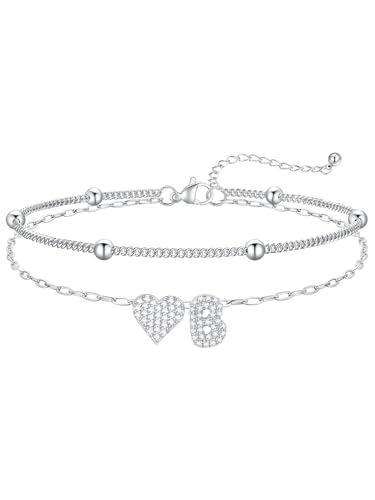 FaithHeart Initial Ankle Bracelets for Women Waterproof, Silver/Black/14k Gold Plated CZ Heart Initial Anklets Non Tarnish Stainless Steel Anklets for Women - color: Silver, size: B