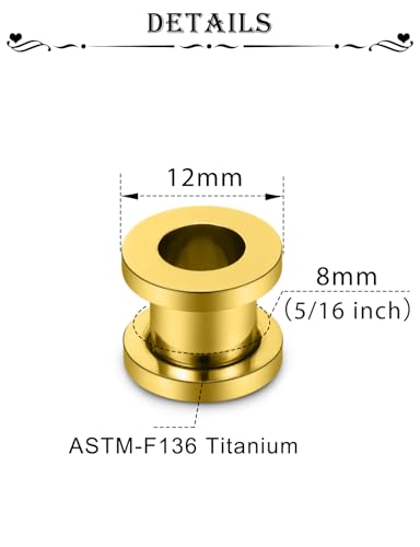 Astm F136 Titanium Ear Gauges Screw Fit Flesh Tunnels Plugs Gauges Earring Expander Stretcher Ear Tunnels For Ears 10G 8G 6G 4G 2G 0G 00G Plug Earrings Body Piercing Jewelry For Women Men - color: 0G Tunnels, Gold