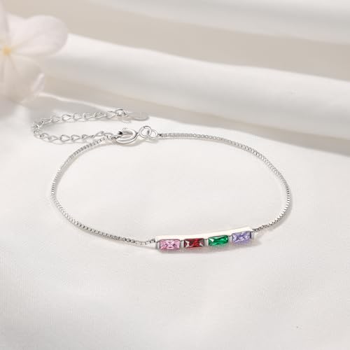 Sterling Silver Personalized 1-6 Birthstone Bracelet for Women Mothers Day Bracelet for Mom Daughter Custom Dainty Jewelry for Christmas Birthday Gift Ideas - style: Silver-4 stones