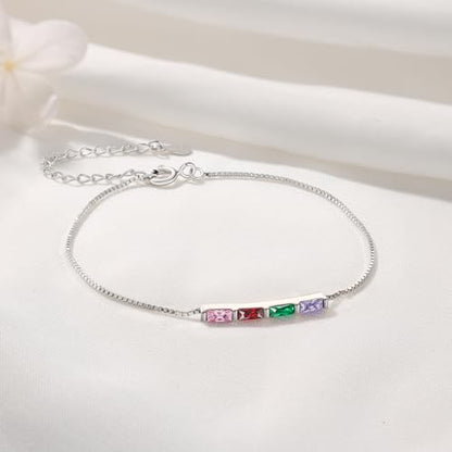 Sterling Silver Personalized 1-6 Birthstone Bracelet for Women Mothers Day Bracelet for Mom Daughter Custom Dainty Jewelry for Christmas Birthday Gift Ideas - style: Silver-4 stones