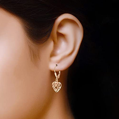 LeCalla 925 Sterling Silver Leverback Drop Earrings | Lightweight Italian Teardrop Dangle Earring for Women - color: Heart Filigree