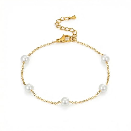 18K Gold Plated Pearl Beaded Cross Bracelets for Women Adjustable Stainless Steel Dainty Thin Gold Box Cuban Twisted Link Chain Bracelet Bridesmaid Jewelry Gifts - color: Multi Pearls-Gold