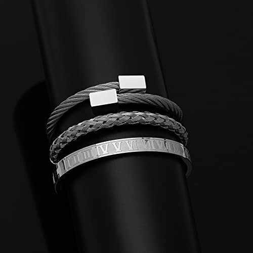 WFYOU 3PCS Stainless Steel Imperial Crown Bracelets for Men Gold Roman Numeral Bangle Bracelet Adjustable Cuff Bracelet Mens Luxury Jewelry Gifts - style: 09:Silver- Square
