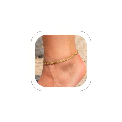 U7 Ankle Bracelets for Women Stainless Steel Waterproof Tarnish Resistant | 18K Gold Plated/Silver/Rose Gold Anklets, Cuban Chain Anklet Bracelets, Perfect for Summer Beach and Vacation Outfits - color: Gold Plated-3mm-Rope Chain