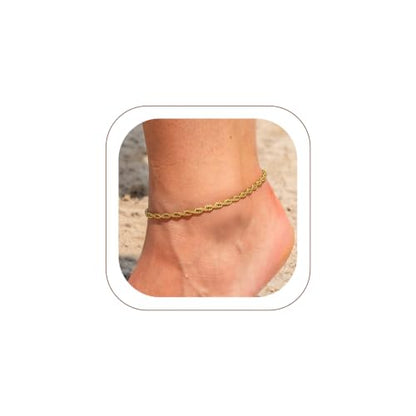 U7 Ankle Bracelets for Women Stainless Steel Waterproof Tarnish Resistant | 18K Gold Plated/Silver/Rose Gold Anklets, Cuban Chain Anklet Bracelets, Perfect for Summer Beach and Vacation Outfits - color: Gold Plated-3mm-Rope Chain