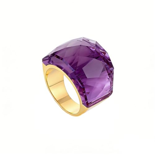 Oversize Crystal Glass Rhinestone Statement Ring Stainless Steel Pink Royal Purple Rainbow Cubic Zirconia Chunky Wedding Band for Women Cocktail Party Ring for Ladies Birthday - color: Gold Purple Stone