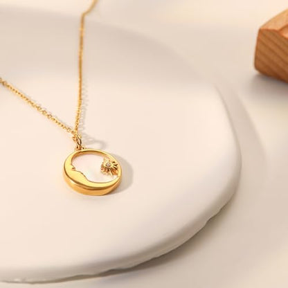 Unisex Celestial Gold Pendant Necklaces, Sun/Moon/Star/Angle Celestial Elements Unisex Choker Gold Lover Chains for Men and Women Jewelry - color: Gold Chain - Sun & Moon